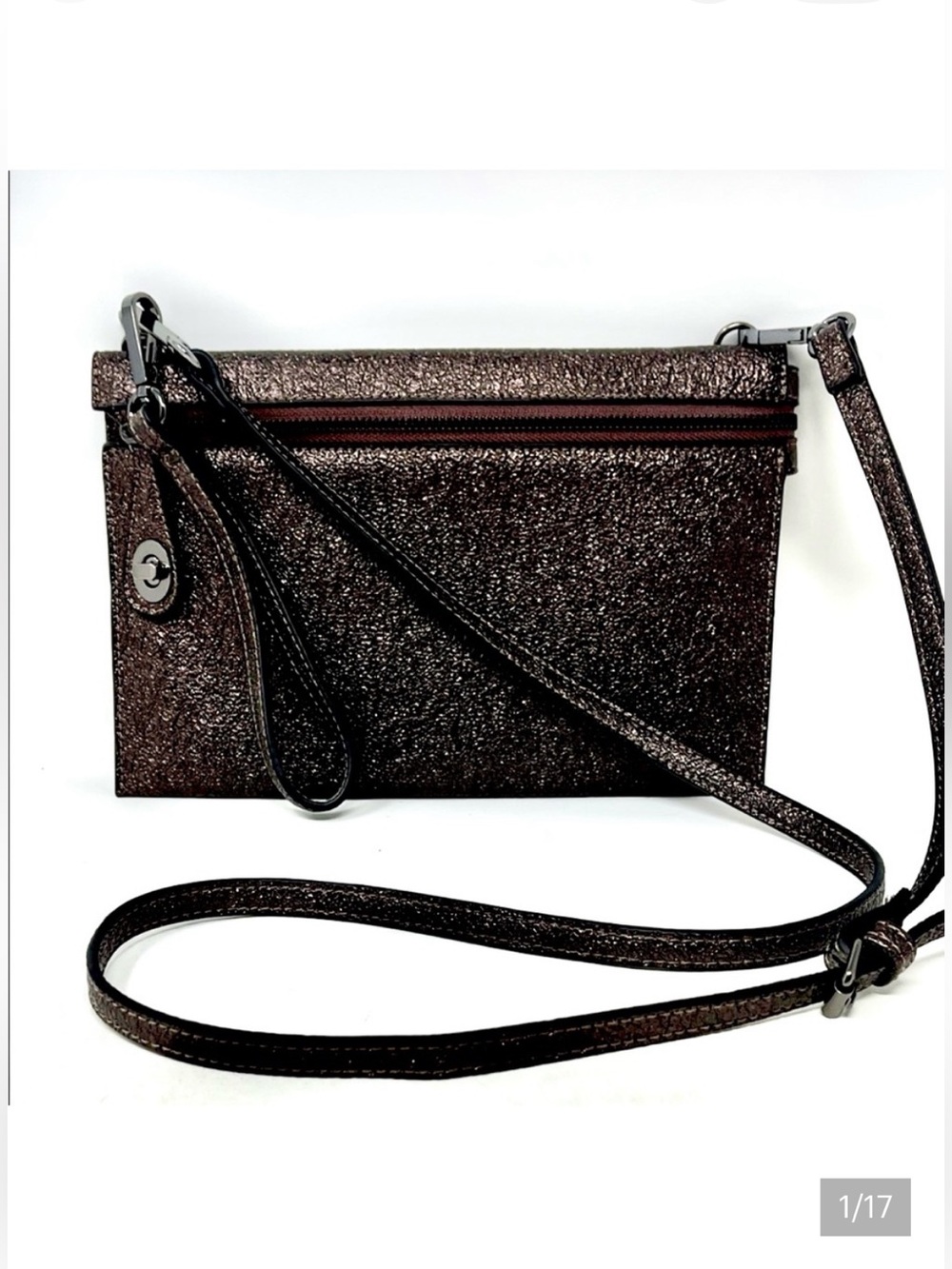 SONDRA ROBERTS SQUARED BRONZE LEATHER CROSSBODY WRISTLET BAG GUNMETAL HARDWARE